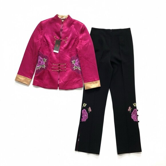 Traditional Asian Two Piece Trouser Set Mandarin Collar Embroidered Pant Sz L - Picture 1 of 6